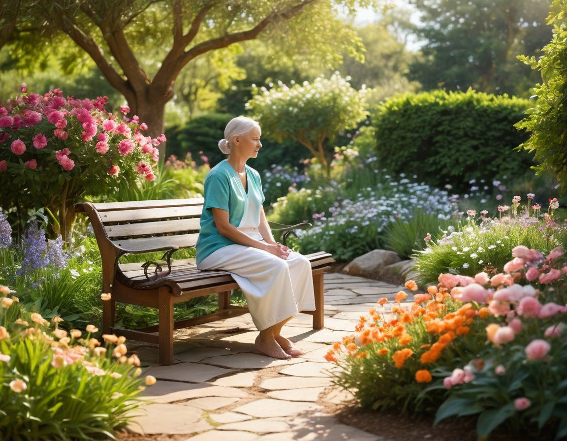 A serene and hopeful scene depicting a cancer patient in a peaceful garden, surrounded by blooming flowers and soft sunlight. Include a caring healthcare professional discussing recovery options, conveying empathy and support. In the background, incorporate symbols of strength and resilience like butterflies and gentle streams. The color palette should be warm and inviting, evoking a sense of comfort and healing. super-realistic. vibrant colors. soft focus.