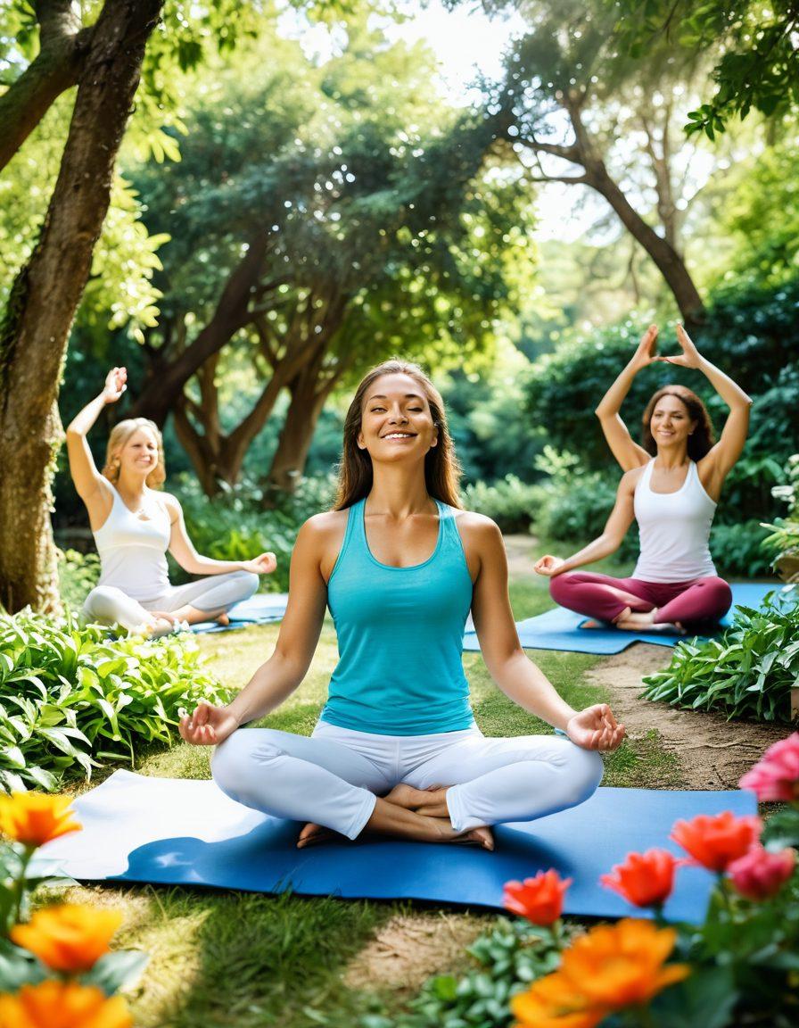 An uplifting scene featuring a survivor celebrating life outdoors, surrounded by lush greenery and vibrant flowers. Include a supportive group of friends engaging in a wellness activity like yoga or meditation in the background. The atmosphere should radiate positivity and strength, with sunlight filtering through the trees. Infuse elements of healthy living, such as fruits and wellness books nearby. super-realistic. vibrant colors. bright and cheerful ambiance.