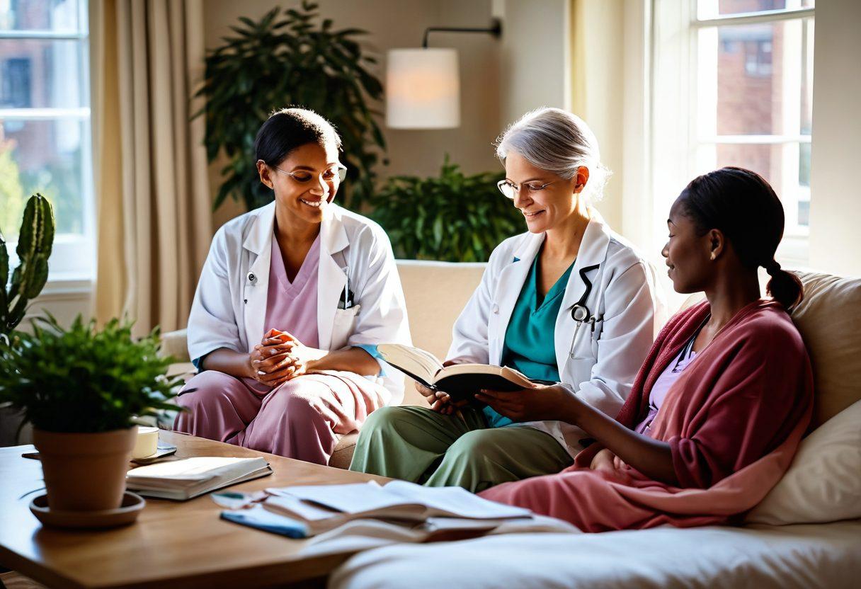 A warm and inviting scene featuring diverse healthcare professionals providing comfort and support to cancer patients in a cozy, sunlit room. Include elements like informative books, vibrant potted plants, and soft blankets to symbolize care and warmth. Show a supportive conversation between a doctor and a patient, conveying empathy and hope. Light, uplifting color palette with gentle tones. super-realistic. vibrant colors.